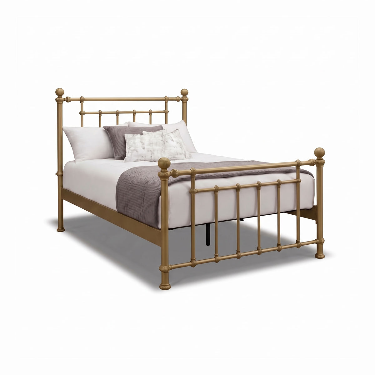 Revered Iron Bed by Matriae in the Opaque Gold finish queen size with a wood slats platform bed frame. A single metal bed frame with a warm gold finish, styled with white bedding and a gray throw blanket, shown on a clean white background.