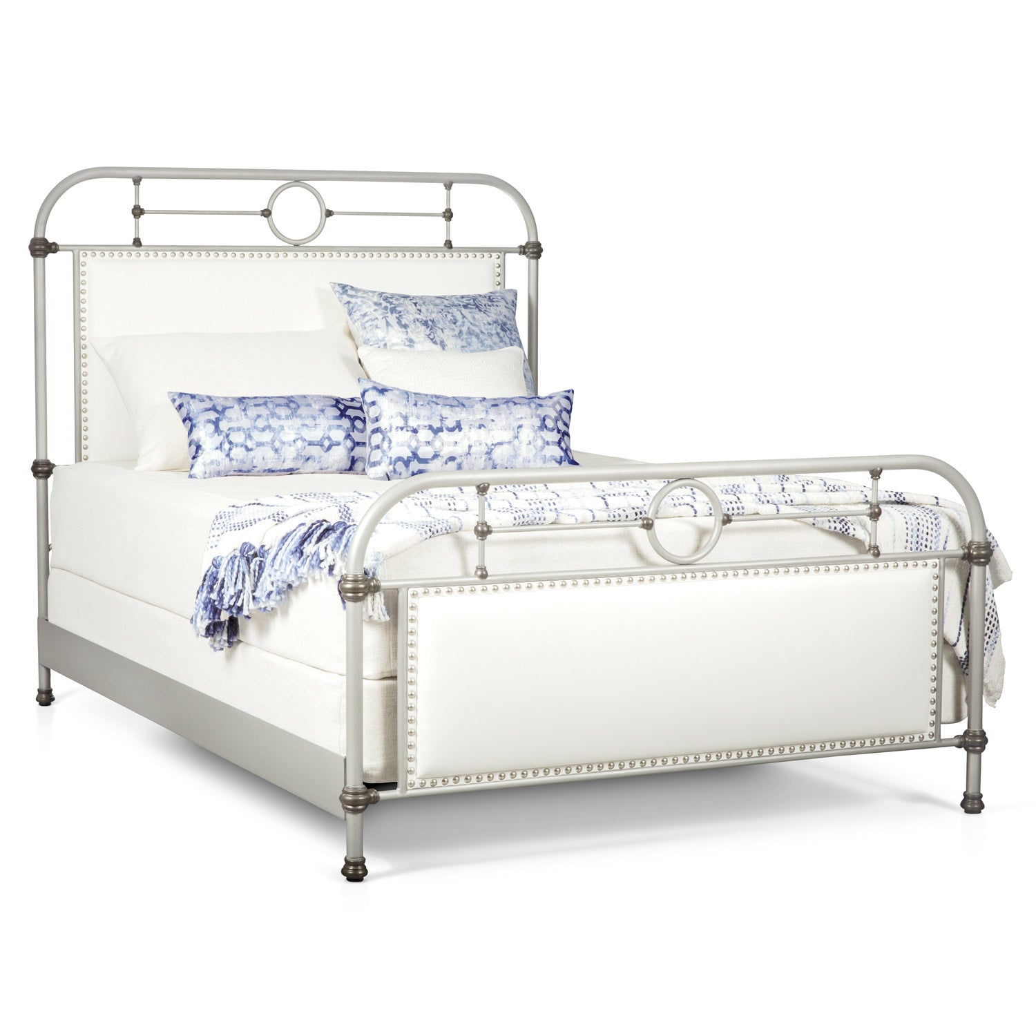Rochester Upholstered Iron Bed 1245 Wesley Allen Queen CBMPF Aged Nickel Finish Aspen Pure White Upholstery Fabric Glazed Pewter Nailhead Matriae