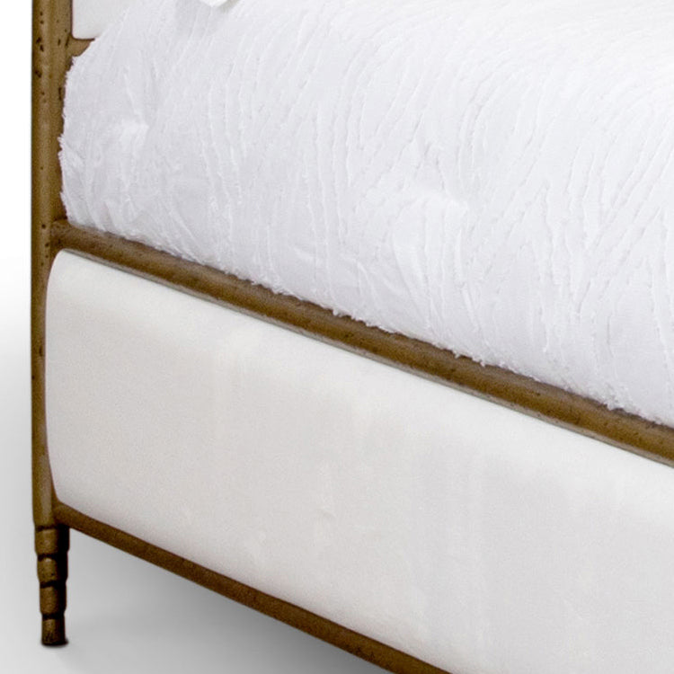 Royce Hammered Iron Upholstered Bed 1206 Wesley Allen Queen HBFS Hammered Brass Iron Finish Royalty White Fabric Matriae