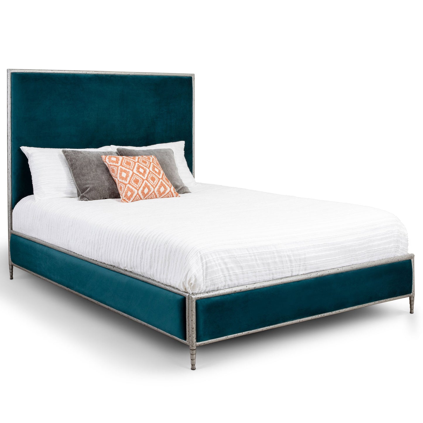 Royce Hammered Iron Upholstered Bed 1207 Wesley Allen Queen HBFS Hammered Silver Finish Royalty Peacock Fabric Matriae