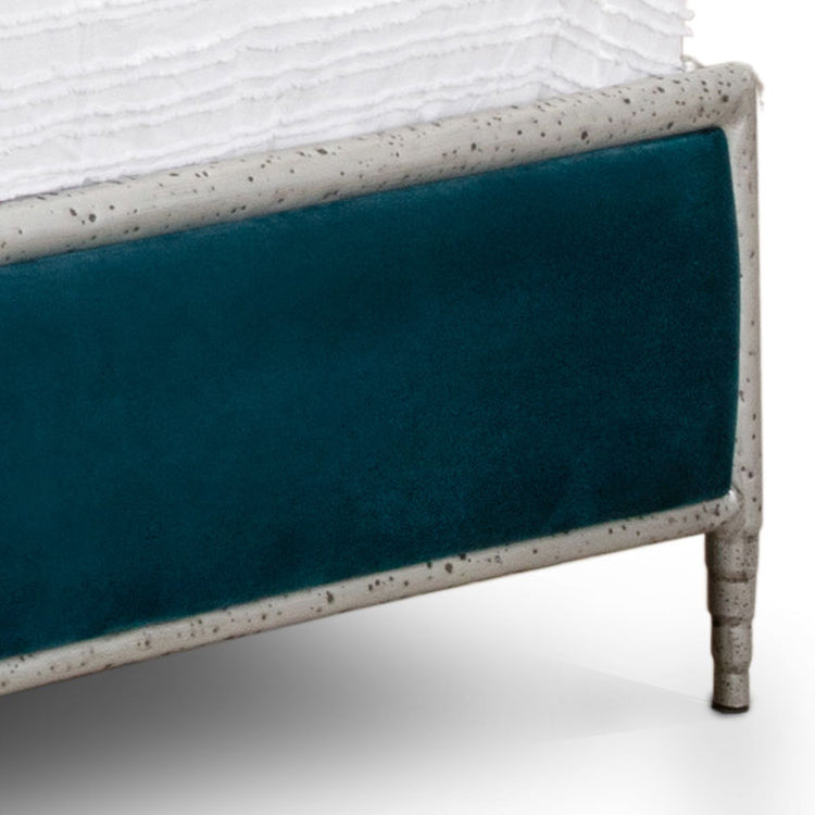 Royce Hammered Iron Upholstered Bed 1207 Wesley Allen Queen HBFS Hammered Silver Finish Royalty Peacock Fabric Matriae