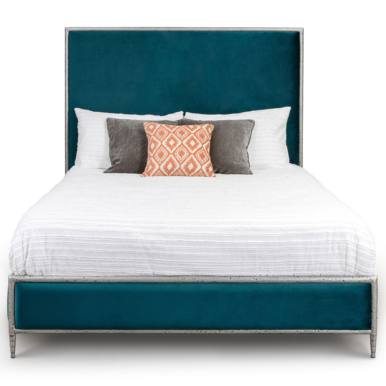 Royce Hammered Iron Upholstered Bed 1207 Wesley Allen Queen HBFS Hammered Silver Finish Royalty Peacock Fabric Matriae