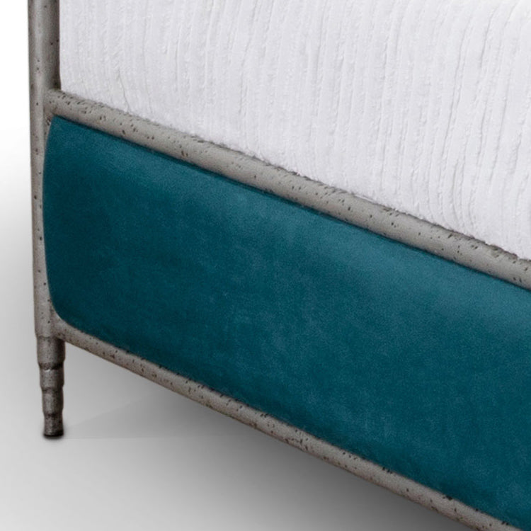Royce Hammered Iron Upholstered Bed 1207 Wesley Allen Queen HBFS Hammered Silver Finish Royalty Peacock Fabric Matriae