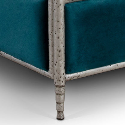 Royce Hammered Iron Upholstered Bed 1207 Wesley Allen Queen HBFS Hammered Silver Finish Royalty Peacock Fabric Matriae
