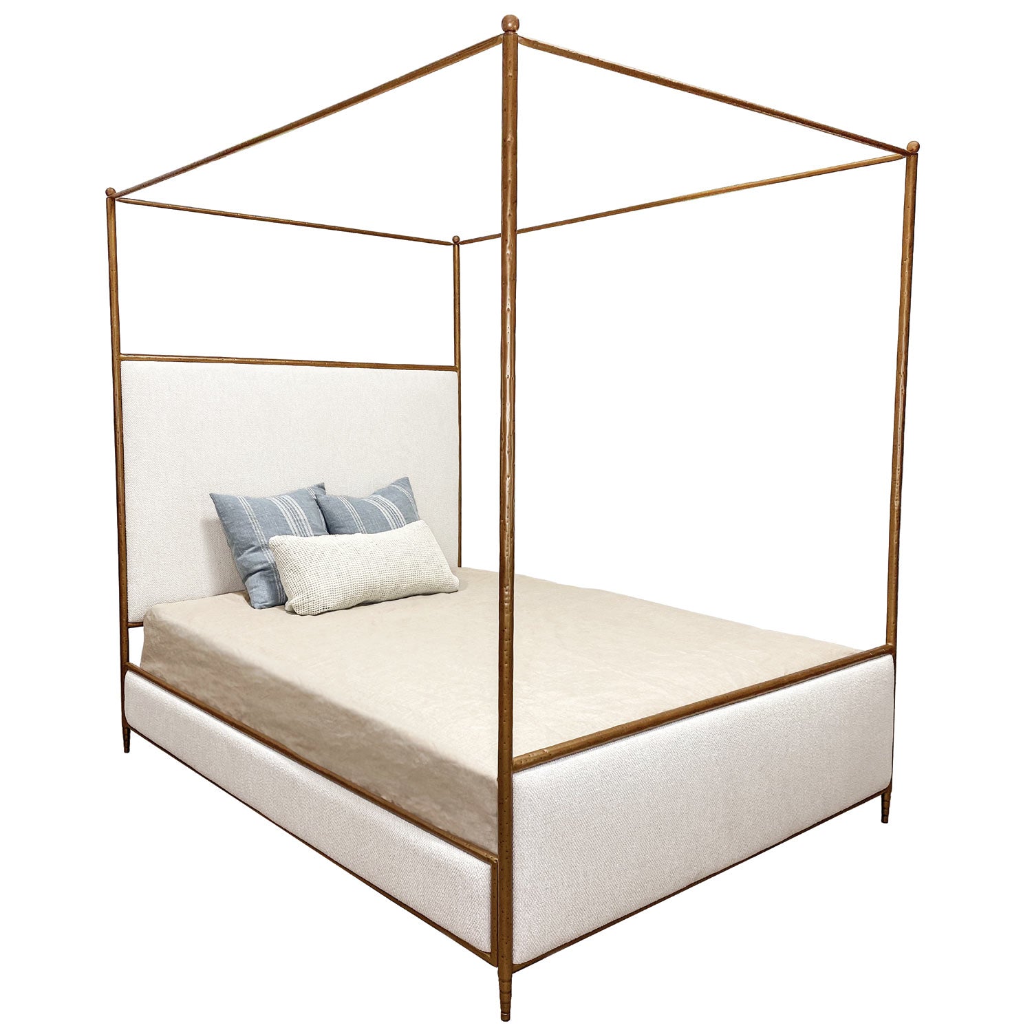 Royce Hammered Iron Upholstered Canopy Bed Upholstered Sides Frame 1208 Wesley Allen Queen CBC- FS-WS Hammered Copper Finish French Ivory Fabric Matriae