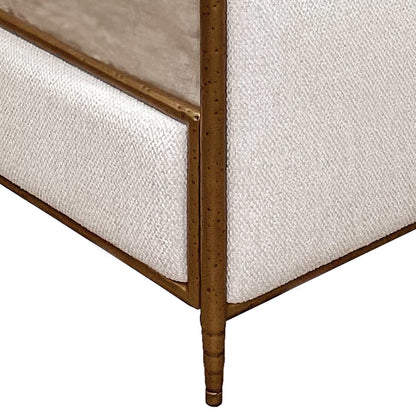 Royce Hammered Iron Upholstered Canopy Bed Upholstered Sides Frame 1208 Wesley Allen Queen CBC- FS-WS Hammered Copper Finish French Ivory Fabric Matriae