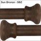 Sun Bronze SBZ Iron Finish Wesley Allen Matriae Swatch matte finish, dark bronze finials shown on a white background with the text 'Sun Bronze - SBZ' in the top left corner.