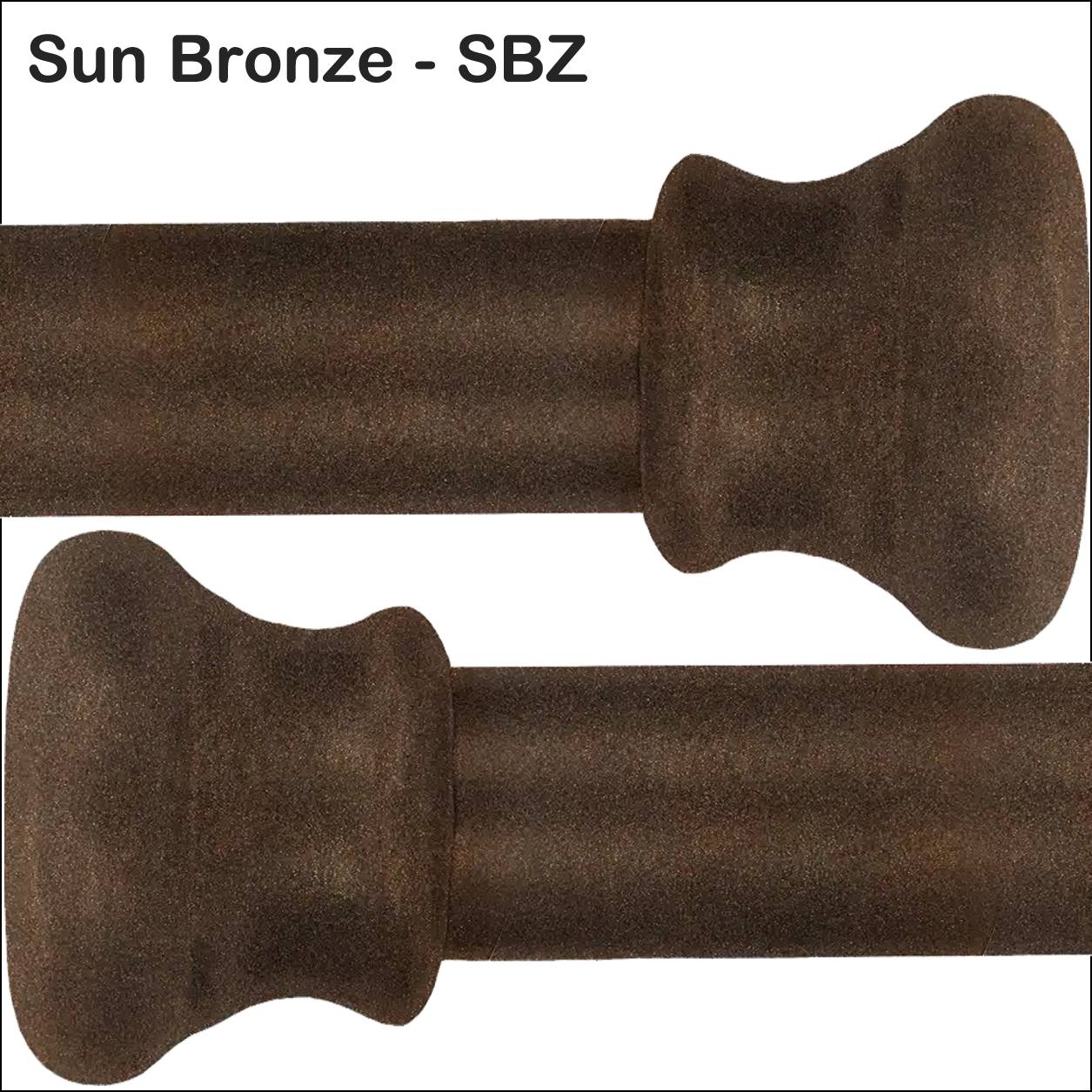Sun Bronze SBZ Iron Finish Wesley Allen Matriae Swatch matte finish, dark bronze finials shown on a white background with the text 'Sun Bronze - SBZ' in the top left corner.
