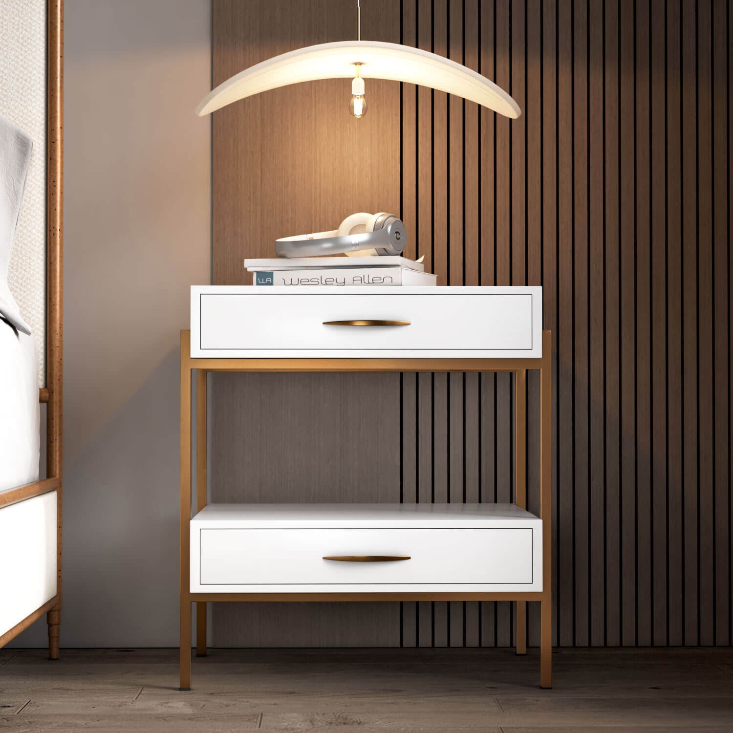    Toki Wood Iron Nightstand 5115 Opaque Copper Finish White Wood Finish Wesley Allen Matriae