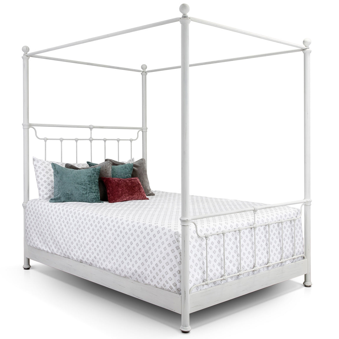 Tucker Iron Canopy Bed 1302 Wesley Allen Queen CBMPF Distressed White Finish Matriae